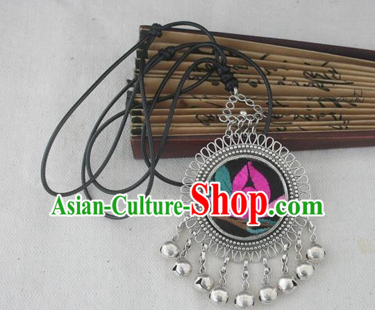 Chinese Miao Sliver Ornaments Embroidered Lotus Necklace Hmong Handmade Necklet Pendant for Women