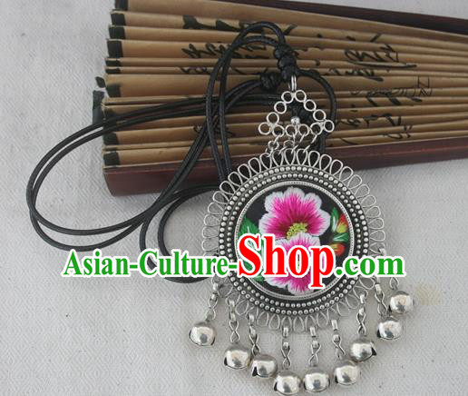 Chinese Miao Sliver Ornaments Embroidered Petunia Necklace Hmong Handmade Necklet Pendant for Women