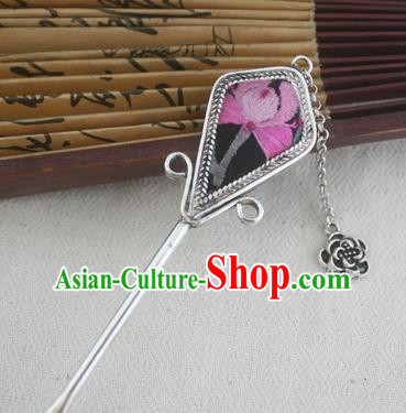 Traditional Chinese Miao Nationality Embroidered Sliver Hair Clip Hanfu Hairpins Hair Accessories for Women