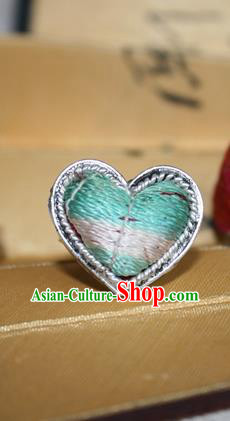 Chinese Miao Sliver Ornaments Rings Traditional Hmong Embroidered Green Finger Ring for Women