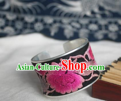 Chinese Miao Sliver Ornaments Bracelet Traditional Hmong Handmade Sliver Embroidered Peony Bangle for Women