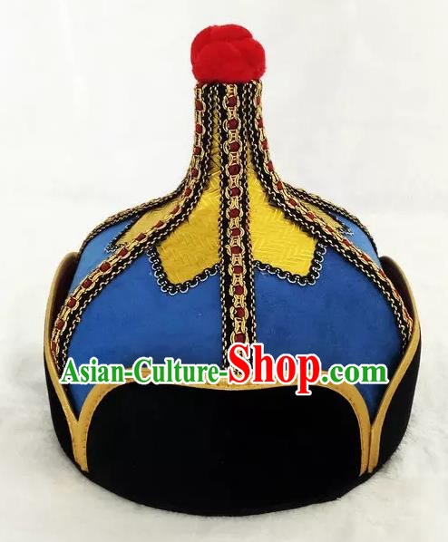 Chinese Traditional Mongol Stage Performance Blue Hats, Mongolian Folk Dance Headwear for Men