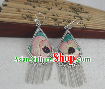 Traditional Chinese Miao Sliver Embroidered Pink Flower Earrings Ornaments Hmong Sliver Eardrop for Women