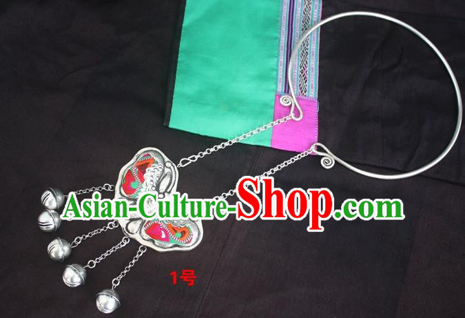 Traditional Chinese Miao Sliver Butterfly Necklace Ornaments Hmong Embroidered Longevity Lock for Women