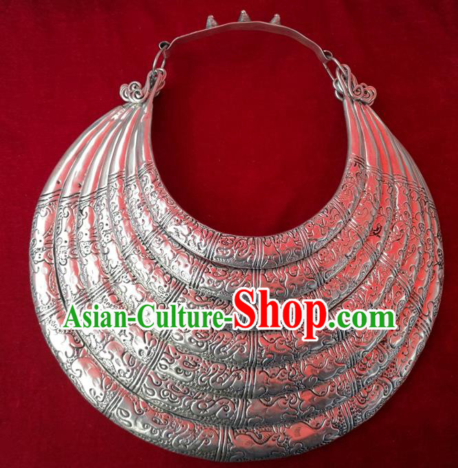 Traditional Chinese Miao Sliver Wedding Carving Necklace Hmong Ornaments Minority Headwear for Women