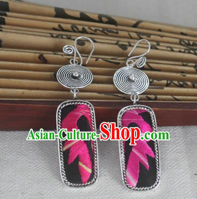 Chinese Miao Sliver Traditional Embroidered Black Earrings Hmong Ornaments Minority Headwear for Women