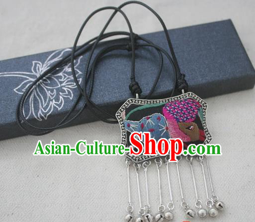Chinese Miao Sliver Traditional Embroidered Necklace Hmong Ornaments Minority Longevity Lock Headwear for Women