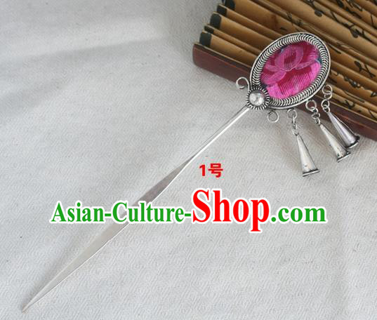 Traditional Chinese Miao Nationality Embroidered Pink Hair Clip Hanfu Sliver Hairpins Hair Accessories for Women