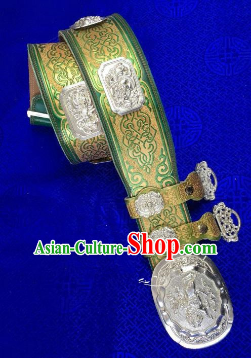 Traditional Chinese Mongol Nationality Green Leather Waistband Mongolian Robe Belts for Men