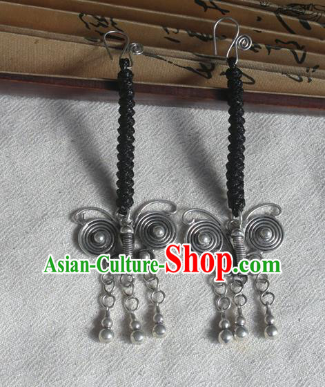 Traditional Chinese Miao Sliver Butterfly Tassel Earrings Hmong Ornaments Minority Headwear for Women