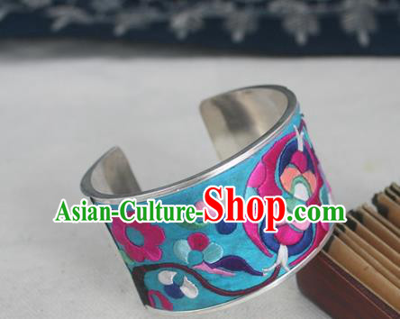 Handmade Chinese Miao Nationality Embroidered Blue Bracelet Traditional Hmong Sliver Bangle for Women
