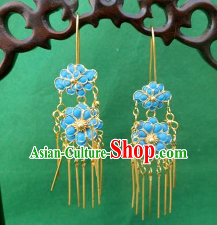 Chinese Traditional Ornaments Accessories Ancient Miao Minority Blue Flowers Earrings for Women