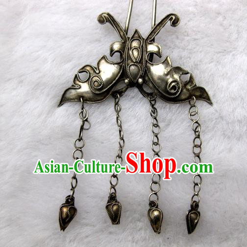 Chinese Traditional Miao Nationality Bronze Butterfly Tassel Hair Clip Hair Accessories Hairpins Headwear for Women