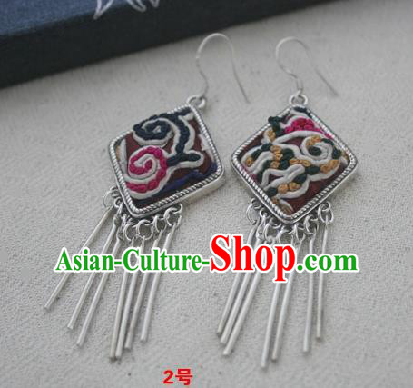 Chinese Traditional Miao Sliver Earrings Hmong Ornaments Accessories Minority Embroidered Eardrop for Women