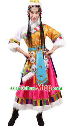 Traditional Chinese Zang Nationality Dance Yellow Costume, Tibetan Minority Folk Dance Ethnic Clothing for Women