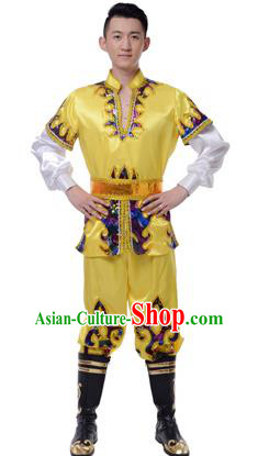 Traditional Chinese Xinjiang Uyghur Nationality Yellow Costume, Uigurian Minority Folk Dance Ethnic Clothing for Men