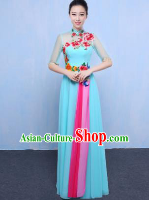 Chinese Traditional Chorus Singing Group Embroidered Costume, Compere Classical Dance Light Blue Dress for Women