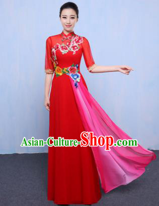 Chinese Traditional Chorus Singing Group Embroidered Costume, Compere Classical Dance Red Dress for Women