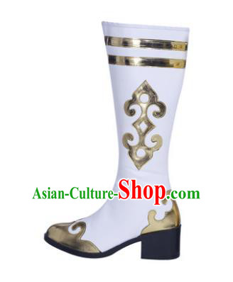 Chinese Traditional Mongols Dance White Shoes, Mongolian Minority Folk Dance Boots for Men
