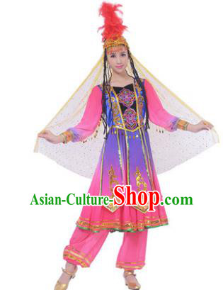 Traditional Chinese Uyghur Nationality Pink Dress, Uigurian Minority Folk Dance Ethnic Costume and Hat for Women