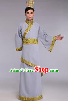 Traditional Chinese Ancient Scholar Costume Han Dynasty Minister Hanfu Grey Curving-front Robe for Men