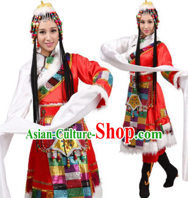 Traditional Chinese Zang Nationality Water Sleeve Dress, Tibetan Minority Folk Dance Ethnic Costume and Headwear for Women