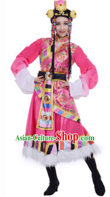 Traditional Chinese Mongolian Nationality Pink Dress, Mongol Minority Folk Dance Ethnic Costume and Headwear for Women