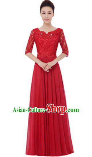 Top Grade Chorus Singing Group Red Lace Full Dress, Compere Modern Dance Costume for Women