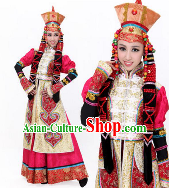 Traditional Chinese Mongol Ethnic Princess Wedding Dress, Mongolian Minority Folk Dance Costume and Headwear for Women
