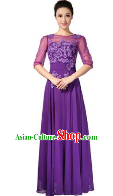 Top Grade Chorus Singing Group Embroidered Lace Full Dress, Compere Classical Dance Purple Costume for Women