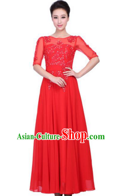 Top Grade Chorus Singing Group Embroidered Lace Full Dress, Compere Classical Dance Red Costume for Women