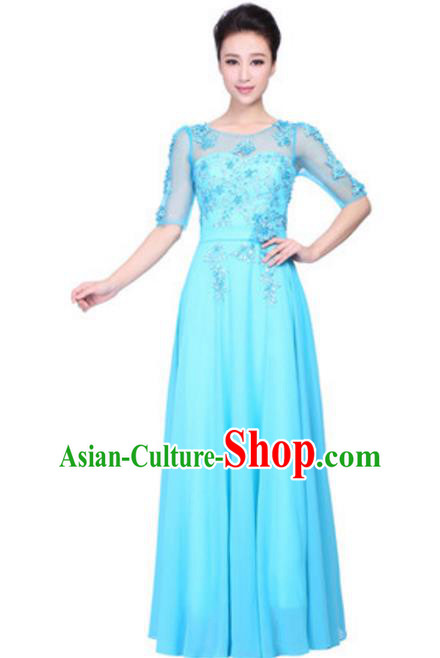 Top Grade Chorus Singing Group Embroidered Lace Full Dress, Compere Classical Dance Blue Costume for Women