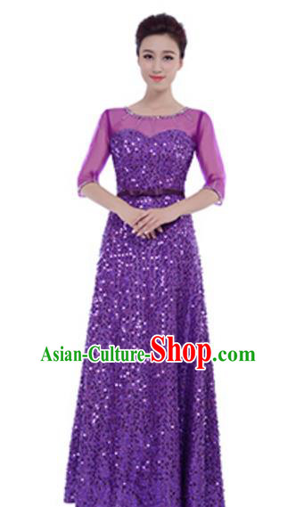Top Grade Chorus Group Choir Purple Sequins Full Dress, Compere Stage Performance Modern Dance Costume for Women