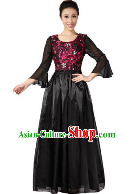 Top Grade Chorus Group Choir Mandarin Sleeve Black Full Dress, Compere Stage Performance Modern Dance Costume for Women