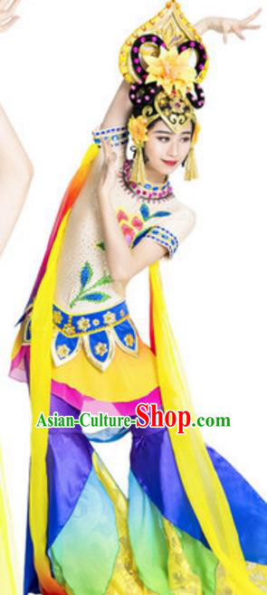 Traditional Chinese Ancient Fairy Costume Dunhuang Flying Apsaras Dance Hanfu Dress and Headpiece for Women