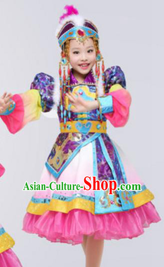 Traditional Chinese Mongols Ethnic Clothing, China Mongolian Minority Folk Dance Costume and Headwear for Kids