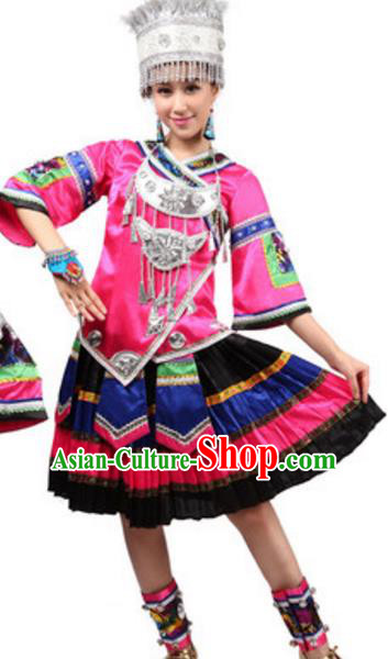 Traditional Chinese Miao Nationality Ethnic Clothing, China Hmong Minority Folk Dance Costume and Headwear for Women