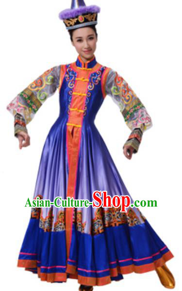 Traditional Chinese Mongolian Nationality Ethnic Clothing, China Mongols Minority Princess Folk Dance Costume and Hat for Women