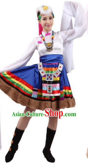 Traditional Chinese Zang Ethnic Dance Water Sleeve Dress, China Tibetan Minority Folk Dance Costume and Headwear for Women