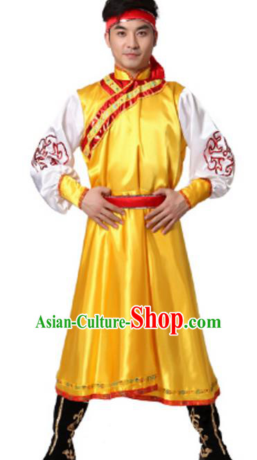 Traditional Chinese Mongolian Nationality Ethnic Clothing, China Mongols Minority Folk Dance Yellow Costume for Men