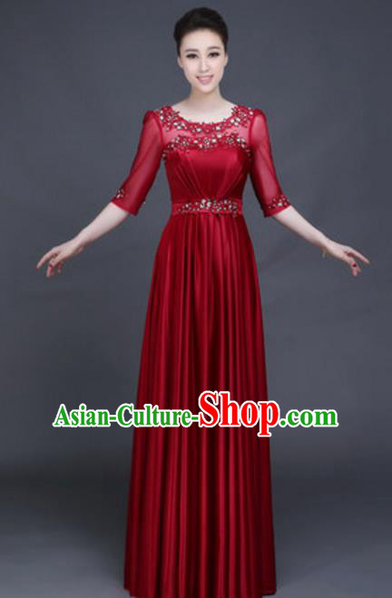 Top Grade Chorus Group Wine Red Full Dress, Compere Stage Performance Classical Dance Choir Costume for Women