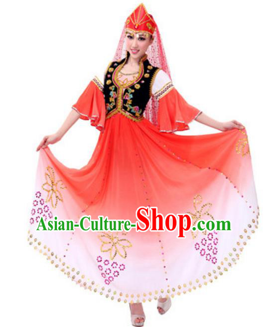 Traditional Chinese Uyghur Nationality Dancing Costume and Hat, China Uigurian Minority Folk Dance Ethnic Pleated Skirt for Women