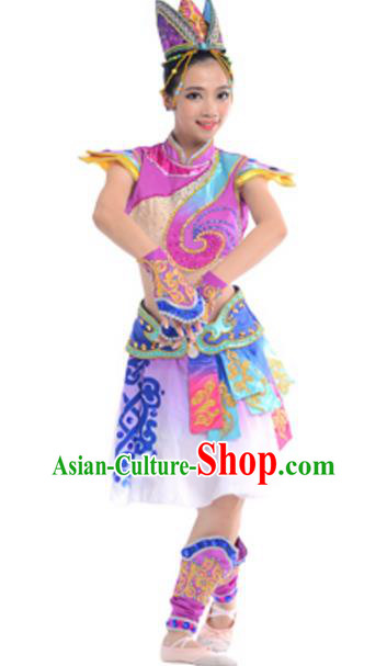 Traditional Chinese Mongols Nationality Costume, Chinese Mongolian Ethnic Dance Purple Clothing for Women