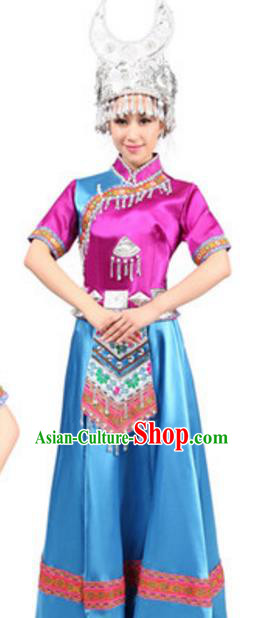 Traditional Chinese Miao Nationality Dance Rosy Dress, China Hmong Minority Folk Dance Ethnic Costume and Headwear for Women