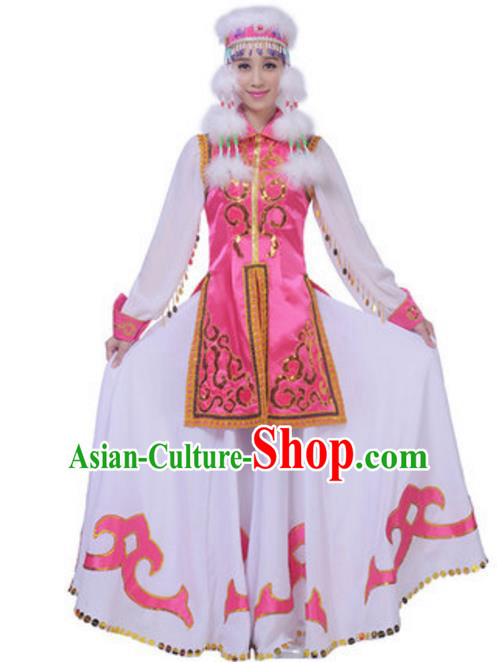 Traditional Chinese Mongol Nationality Princess Clothing, China Mongolian Minority Folk Dance Ethnic Costume and Headwear for Women
