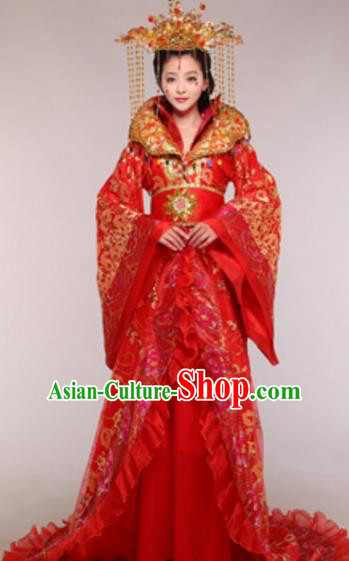 Traditional Chinese Ancient Queen Red Costume Tang Dynasty Empress Historical Clothing and Headpiece Complete Set