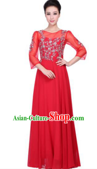 Top Grade Chinese Chorus Group Big Swing Red Dress, Compere Stage Performance Choir Costume for Women