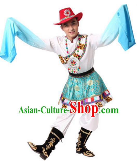 Traditional Chinese Zang Nationality Costume, Chinese Tibetan Ethnic Dance Clothing and Hat for Men