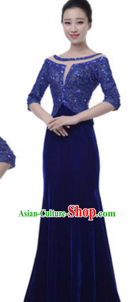 Top Grade Chinese Chorus Group Blue Full Dress, Compere Stage Performance Choir Costume for Women
