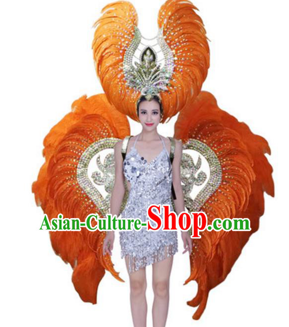 Top Grade Modern Samba Dance Props Stage Show Brazil Parade Giant Orange Feather Wings and Headpiece for Women